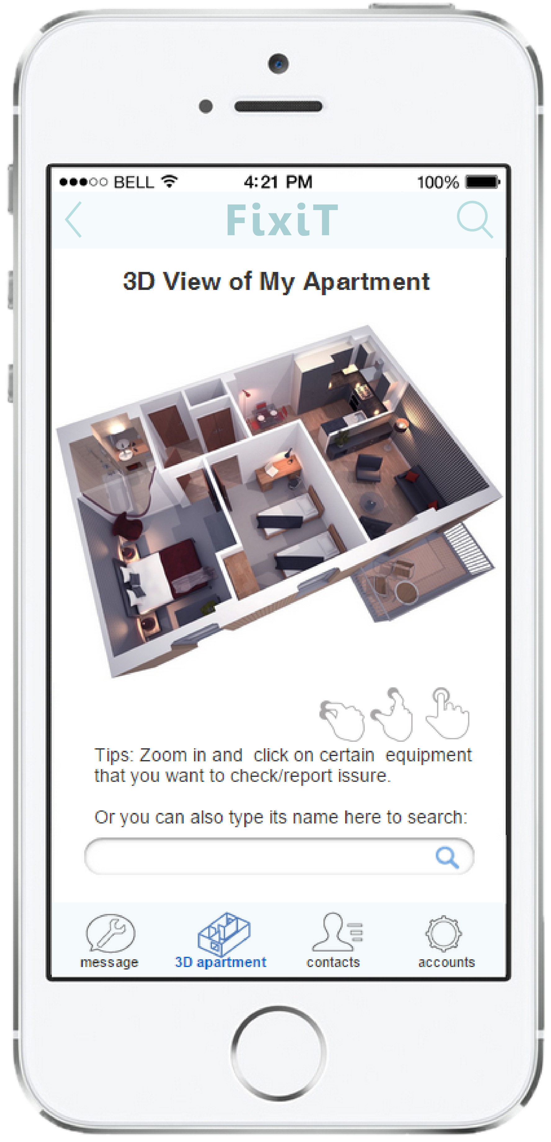 mobile app interface for 3D apartment